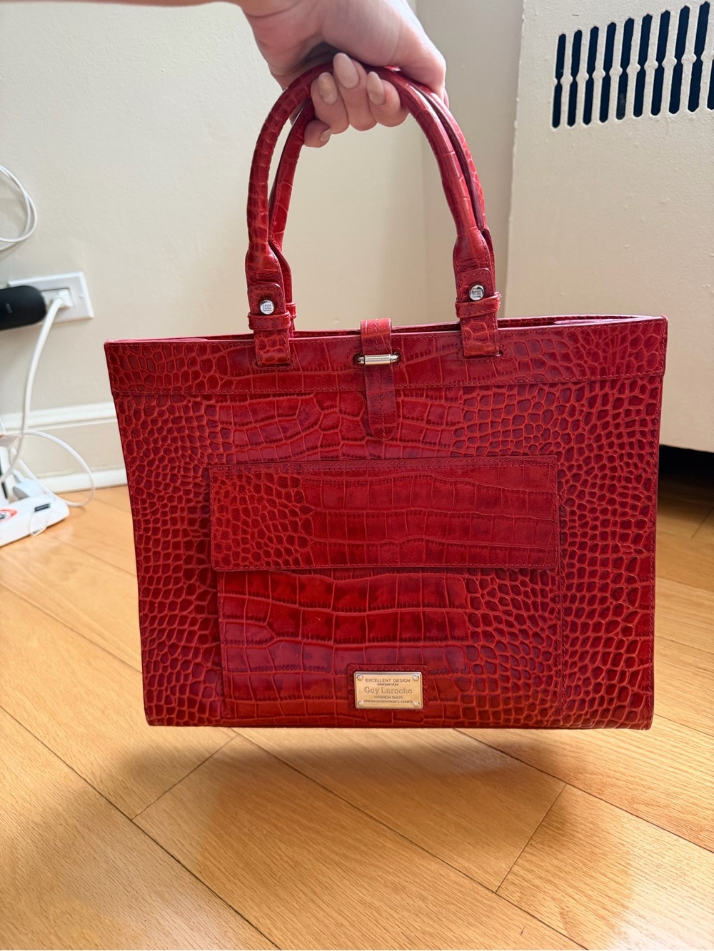 Guy Laroche Paris Croc-Embossed Red Tote with Top Handles